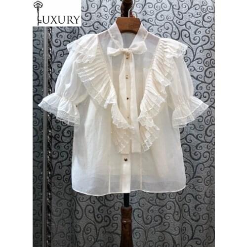 Grade Designer Blouses Top 2020 Summer Women Bow Collar Ruffle Lace Patchwork Golden Button Apricot Pink Cotton Silk Shirt
