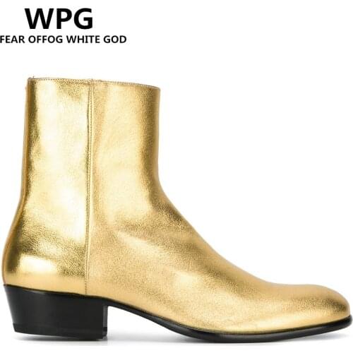 Top Quality Chelsea Boots zipper Western Boot Gold Metallic Leather ankle boots mens leather shoes