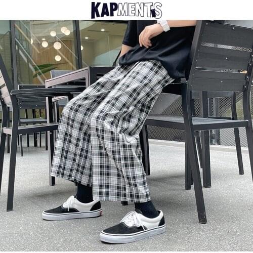 KAPMENTS Men Plaid Wide Leg Straight Sweatpants 2021 Mens Harajuku Vintage Japanese Streetwear Joggers Male Kpop Designer Pants