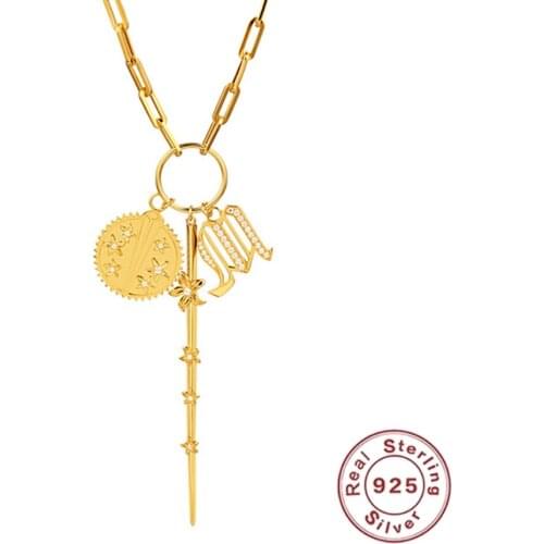 925 Sterling Silver Letter M Pendants Necklaces for Women Ladies Flower Coin Zircon Long Link Chain Fine Silver Jewelry