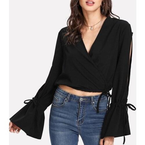 T-shirt Deep V-neck Long Sleeve Women Slim Fit T-shirt Top Solid Color Slim Trumpet Long Sleeve Top Streetwear