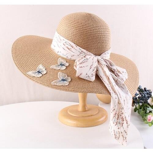 K214 Womens hat Korean Version Of The Small Fresh Summer Sun Hat Big Edge Streamer Straw Hat Holiday Beach Hat Outdoor Sun Hat