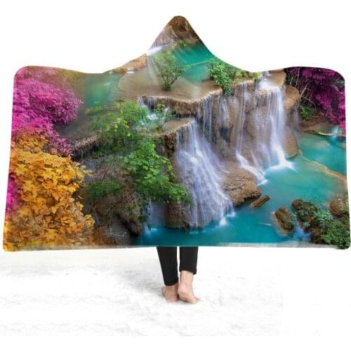 Beautiful Sea View Waterfall Flower Street Hooded Blanket 3D Scenery Printed Hooded Blanket Wearable For Bed Sofa Home Textiles
