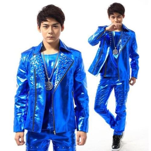 Blue Rivets Diagonal zipper Stage 1 fashion man leather jacket short coat men jackets for mens clothing coat vest trousers