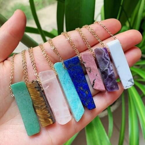 Natural Stone Pendant Necklace Irregular Rectangle Quartz Pendulum Healing Point Amethysts Lapis Pink Crystal Necklace for Women