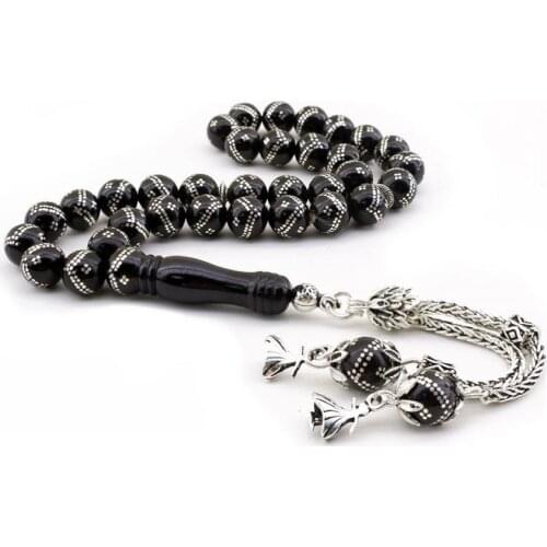Natural Erzurum Jet Stone Prayer Bead With Silver Tassel Men Rosary Islamic Tasbih With Mevlana Tassel 925 Sterling Silver