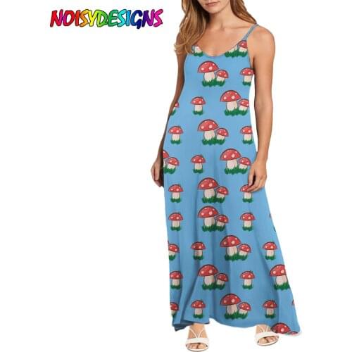 NOISYDESIGNS Womens Blue Dress Girls Summer Spaghetti Strap Mushroom Printed Long Dress Ladies Beach Sundress Vestido De Mujer