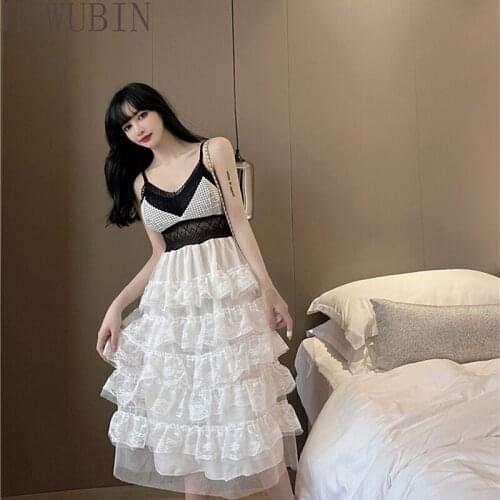 2021 Summer New Korean Suspender Backless Color Matching Lace Stitching Heavy industry Layer By Layer Cake Dress