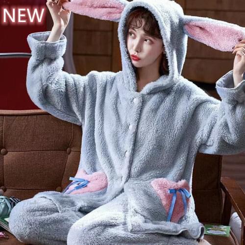 Womens Hooded Flannel Pajamas Set Warm Sexy Princess Bow Sleepwear Set Women Cartoon Sweet 2020 Homewear Long Sleeve Coat Pant