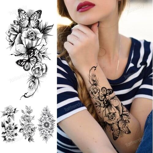Armband sleeve temporary tattoo flowers butterfly black tattoo for girls women tattoo flower peony rose snake sunflower leaves