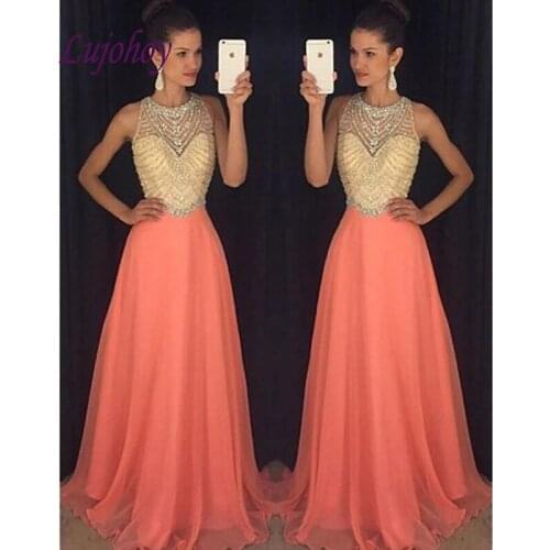 Luxury Coral Long Evening Dresses Party Plus Size Beaded Women Girl Dinner A Line Celebrity Prom Formal Evening Gowns Dresses