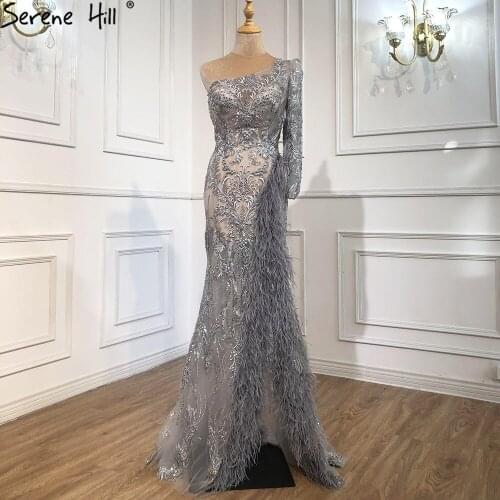 Serene Hill Grey High Split Mermaid Sexy Evening Dresses 2020 One Shoulder Beading Feathers Formal Dress Design LA70691