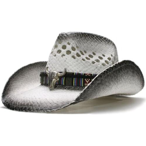 Unisexs Retro Raffia Straw Wide Brim Sun Beach Hollow-out Cowboy Cowgirl Western Hat Big Ox Bull Head Leather Band (58cm,Adjust