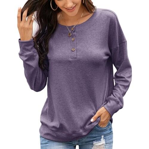 Autumn Sweatshirts For Women Fashion Solid Long Sleeve O-neck Button Decorative Pullover Tops Ladies Casual Elegant Sweatshirt