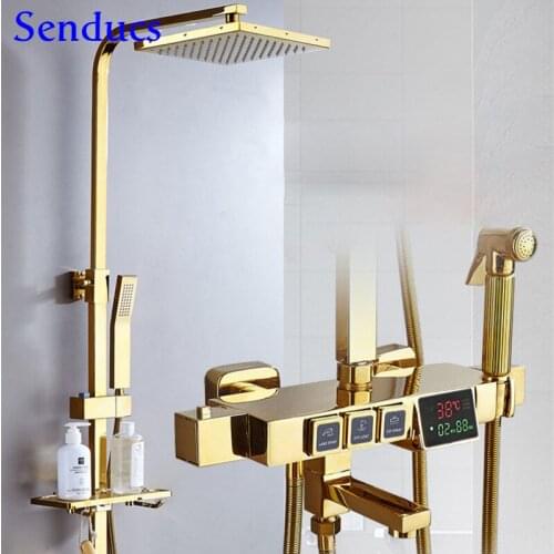 Thermostatic Shower Set of Temperature Display Digital Bathroom Shower System Copper Bathtub Mixer Faucets Square Shower Head