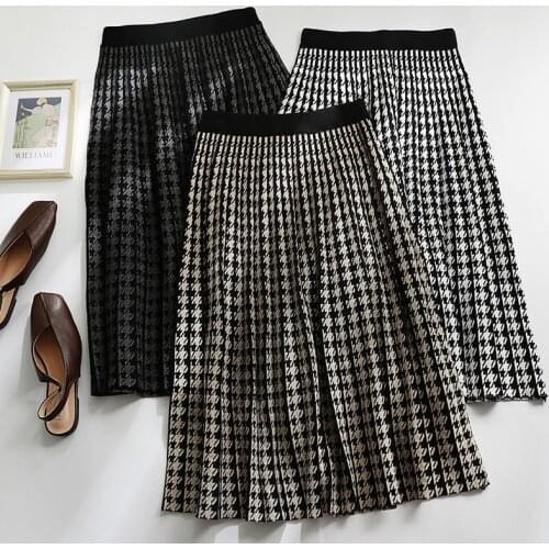 Women Skirt Plaid Knitted Midi Skirt A-Line High Waist Elegant Pleated Skirt Spring Autumn Winter faldas femme jupes
