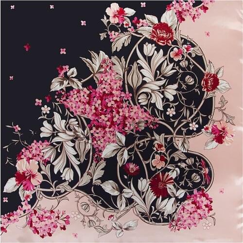 POBING Women Scarf Luxury Brand Flowers Print Hijab Silk Satin Shawls Foulard Square Head Scarves Wraps For Ladies 90x90CM