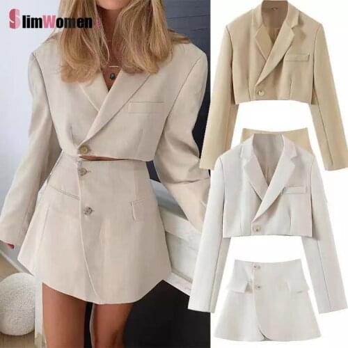 2021 Autumn Women 2pcs Top Skirt Suit Solid Crop Blazer Jacket Short Skirt Suits Lapel Single Breasted Long Sleeve Short Jacket