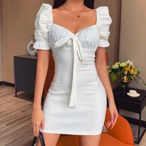 Women Dresses Puff Sleeve Short V-Neck Sexy Mini Elegant Slim Front Lace Up Solid White 2021Summer New Party Square Collar Dress