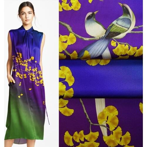 118*125CM 19MM Yellow Floral Print Stretch Smooth Green Blue Silk Satin Fabric Good for Summer Dress Skirt Shirt Pants JH027