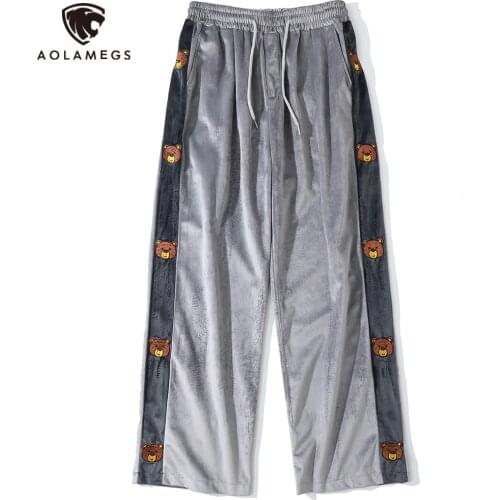 Aolamegs Sweatpants Men Bear Embroidery Patchwork Trousers Couple Casual Baggy Harajuku Fashion College Style Track Pants Autumn