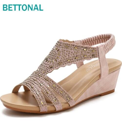 BETTONAL 2021 summer ladies roman shoes women sandals wedge fashion rhinestones sandles party gladiator elegant female sandalias