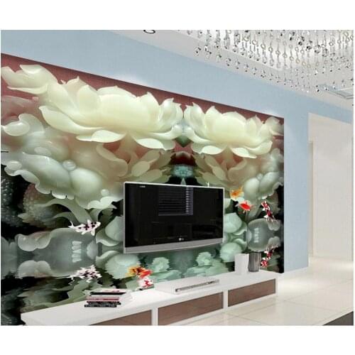 Home Decoration 3d stereoscopic wallpaper Jade carving lotus fish photo mural wallpaper window mural wallpaper