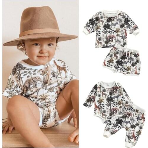 FOCUSNORM 0-24M Autumn Baby Boys Girls Clothes Sets 2pcs Animal Tree Printed Long Sleeve Tops Trousers Pants