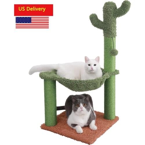 31"/33" Cactus Cat Tree with Hammock Pet Toys and Full Wrapped Sisal Scratching Post for Small Medium Cats Play and Rest M/L