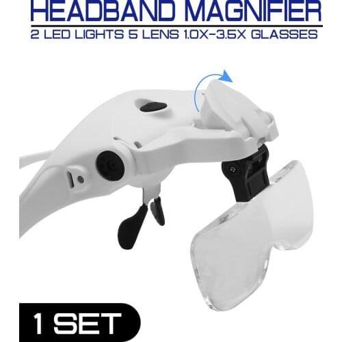 Bracket Headband Magnifier Loupe 2 LED Lights 5 Lens 1.0X-3.5X Glasses and USB Charge Goggles