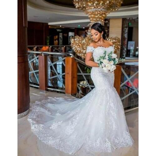 Fashion Mermaid African Lace Appliqued Wedding Dress Boat Neck Off Shoulder Bridal Gown