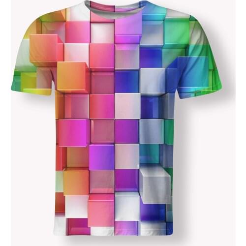 New hot-selling 3D three-dimensional creative line rainbow checkered T-shirt round neck mens and womens short-sleeved T-shirt