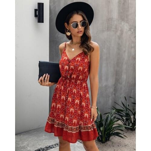 Hot selling hot summer street fashion strap print V-neck button high waist sleeveless dress