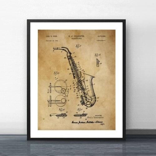 Saxophone Art Blueprint Canvas Painting Saxophone Player Gifts Saxophone Patent Vintage Poster Prints Music Wall Art Decor