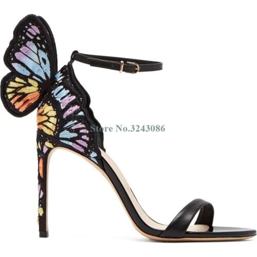 Colorful Embroider Butterfly Wings Thin High Heel Sandals Elegant Single Strap Stiletto Heel Sandals Women Summer Party Shoes