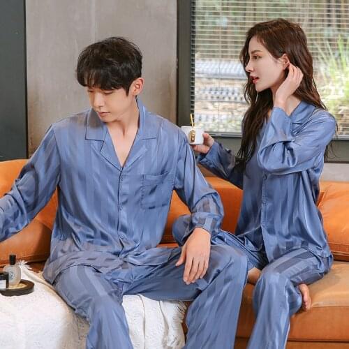 FZSLCYIYI Silk Satin Pajama Set Couples Long Sleeve Male Sleepwear Women Pajamas Pijama Pyjamas Mens Pajamas Homewear M-3XL