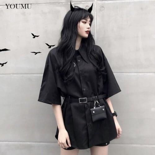 2019 Casual Shirts Short Sleeves Loose Women Shirt Top Short Sleeve Black Harajuku Loose Gothic Punk with Belt 904-B124