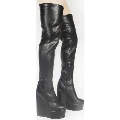 BERZIMER Women Over Knee Boots Platform Wedges Faux Leather Boots Vrouwen Schoenen Ladies Shoes Woman Big Size 39 43 44 45 47 52