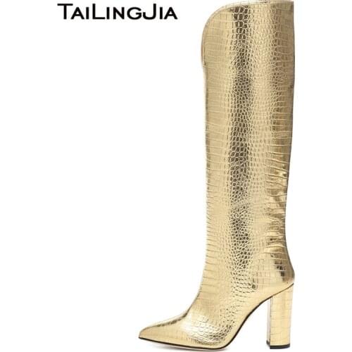 Block Heel Knee High Boots for Women Pointed Toe Gold Patent Leather Elegant Long Boot Lady 2019 Winter Handmade Shoes Big Size