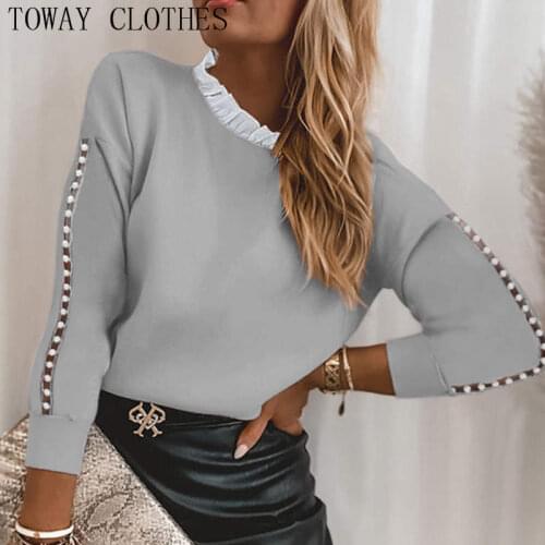 Women Round Neck Long Sleeve Frill Hem Cutout Beaded Sweater Daily Top