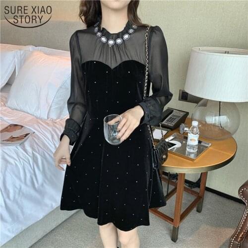 French Retro Styel Black Velvet Lantern Sleeve Dress Women with Zipper Commute See Through Polka Dot Womens Dress Vestido 12762