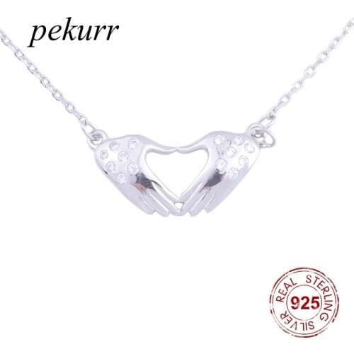 Pekurr 925 Sterling Silver Double Warm Hand Hollow Heart Zircon Necklaces For Women Silver Chain Female Pendants Fashion Jewelry