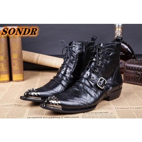Winter Mens Chelsea Ankle Boots British Style Ankle Boots Genuine Leather Fashion Iron Pointed Toe Lace Up Shoes Zapatos Hombre