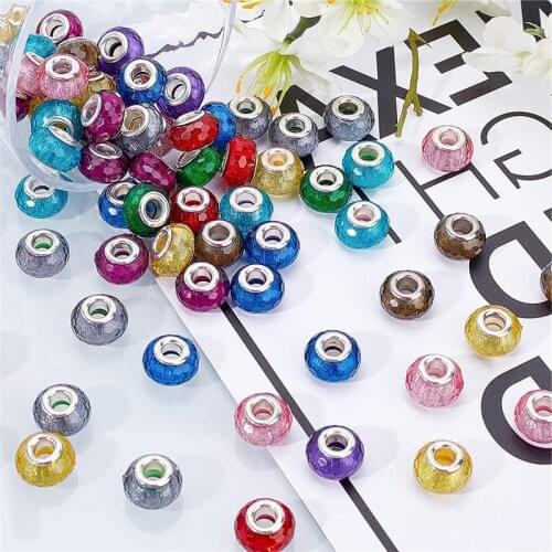 10Pcs New Handmade Faceted Glitter Resin Murano Big Hole European Beads Charms Spacer Fit Pandora Bracelet DIY Necklace Earrings