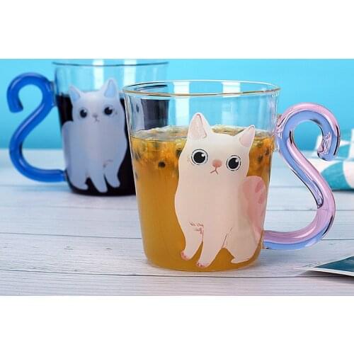 350ML Cute Cat Glass Juice Coffee Cup Milk Tea Cafe Glass Mug Kitten Tail Handle Pattern Mug Creative Valentines Day Lover Gift