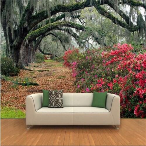 Beibehang Large - scale custom wallpaper 3d high - definition forest trees flowers sea road landscape background wall paintings