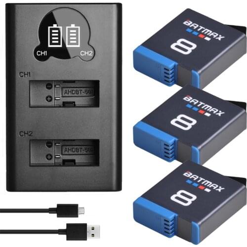 Batmax 3 Packs Battery + LCD Dual Charger with Type C Port for Gopro Hero 8 7 Black Hero 6 Hero 5 Full Decode Camera Accessories