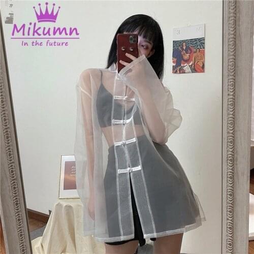 New Summer Harajuku Women Blouses Gothic Punk Style Stand Collar Loose Transparent Mesh Long Sleeve Blouse Female Tops Shirts