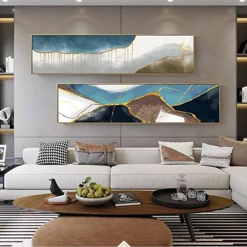 Large Modern Abstract Bedside Blue Golden Canvas Painting Posters Print Wall Art Picture For Living Room Bedroom Home Decor