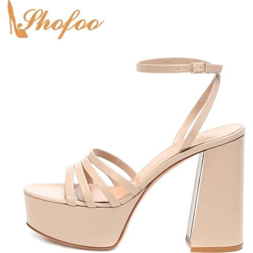 Nude Patent Platform High Chunky Heels Women Sandals Narrow Band Large Size 13 15 Ladies Summer Fashion Mature Sexy Shoes Shofoo